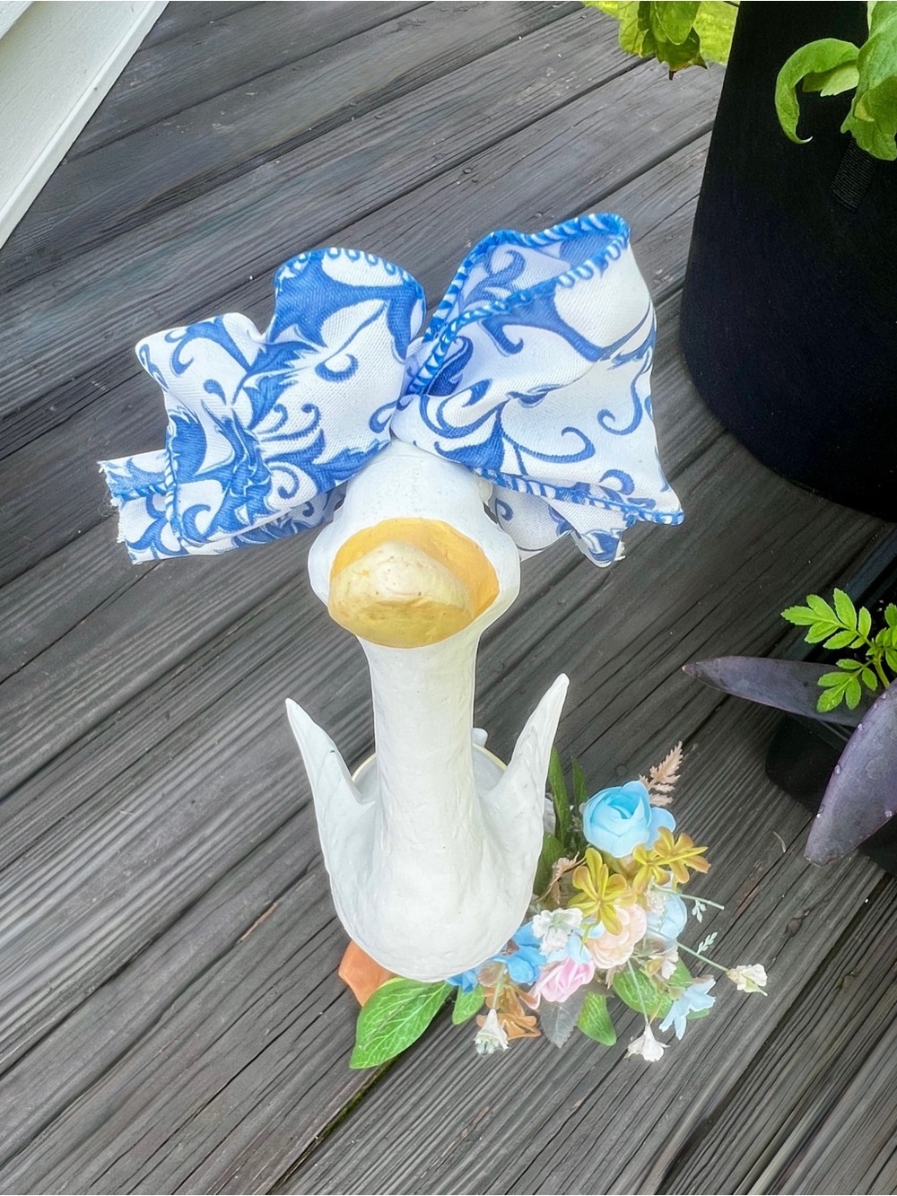Hand Decorated Garden Goose Blue White Floral Cottage Decor